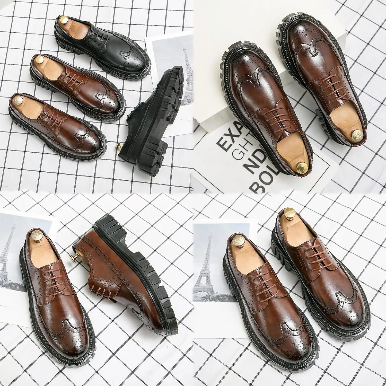 Men's Leather Oxford Dress Shoes - Platform Wingtip Oxfords - Comfortable Business Formal Slip-Resistant Work Derby Shoes