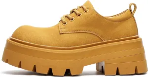 Men's Leather Platform Oxfords - Classic Round Toe Lace Up Dress Shoes -Comfort Non-Slip Lug Sole Chunky Heel Heightening Derby Shoes