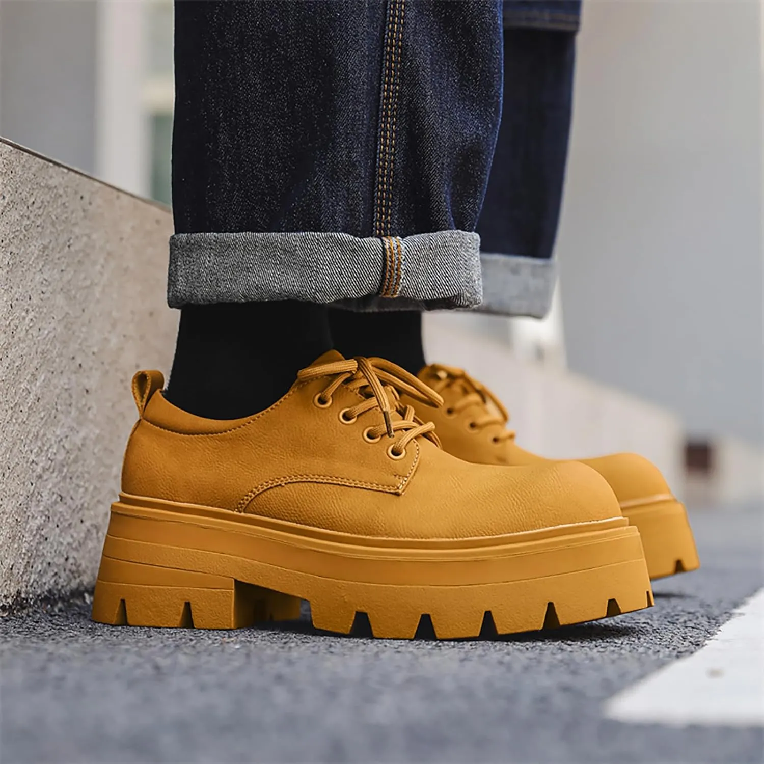 Men's Leather Platform Oxfords - Classic Round Toe Lace Up Dress Shoes -Comfort Non-Slip Lug Sole Chunky Heel Heightening Derby Shoes