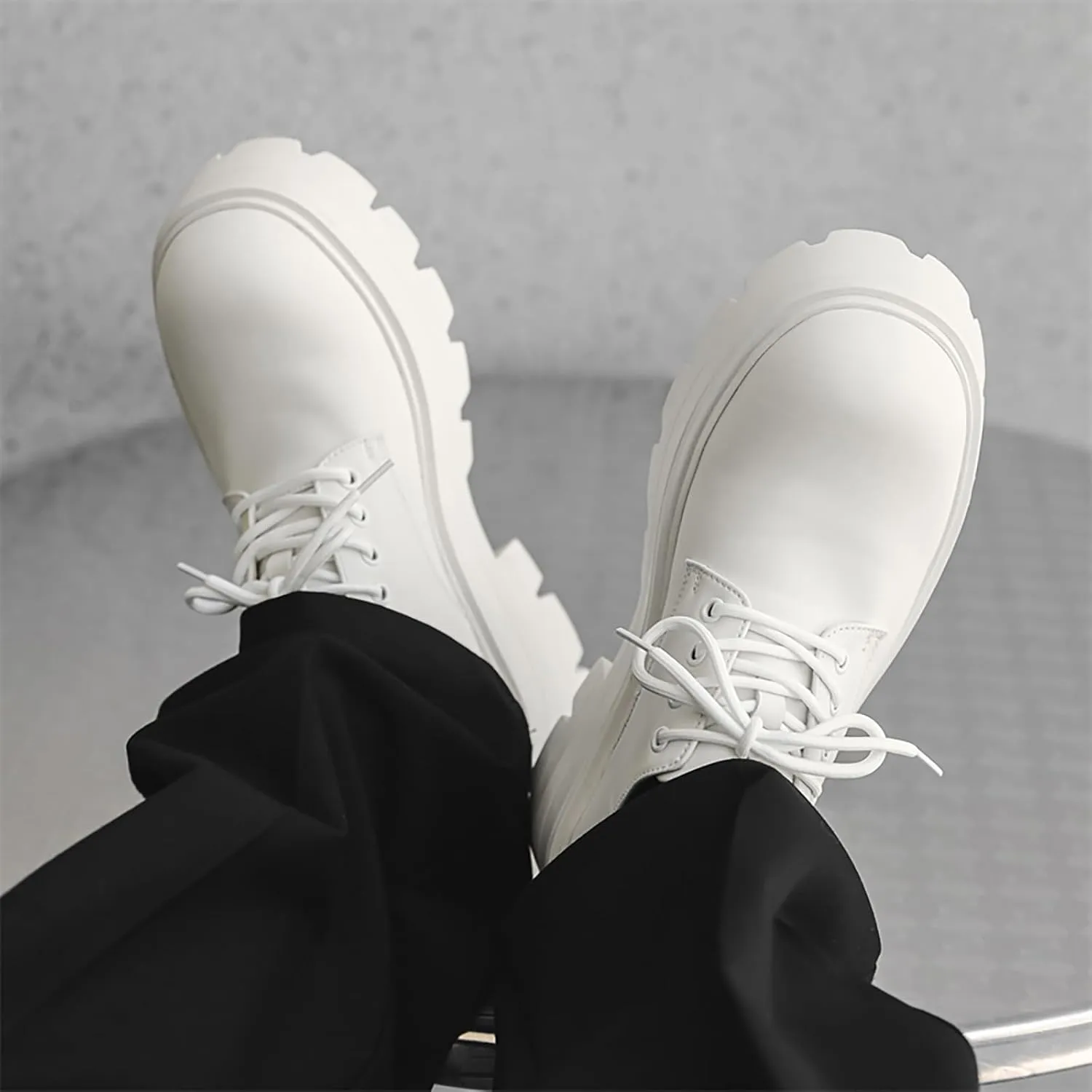 Men's Leather Platform Oxfords - Classic Round Toe Lace Up Dress Shoes -Comfort Non-Slip Lug Sole Chunky Heel Heightening Derby Shoes