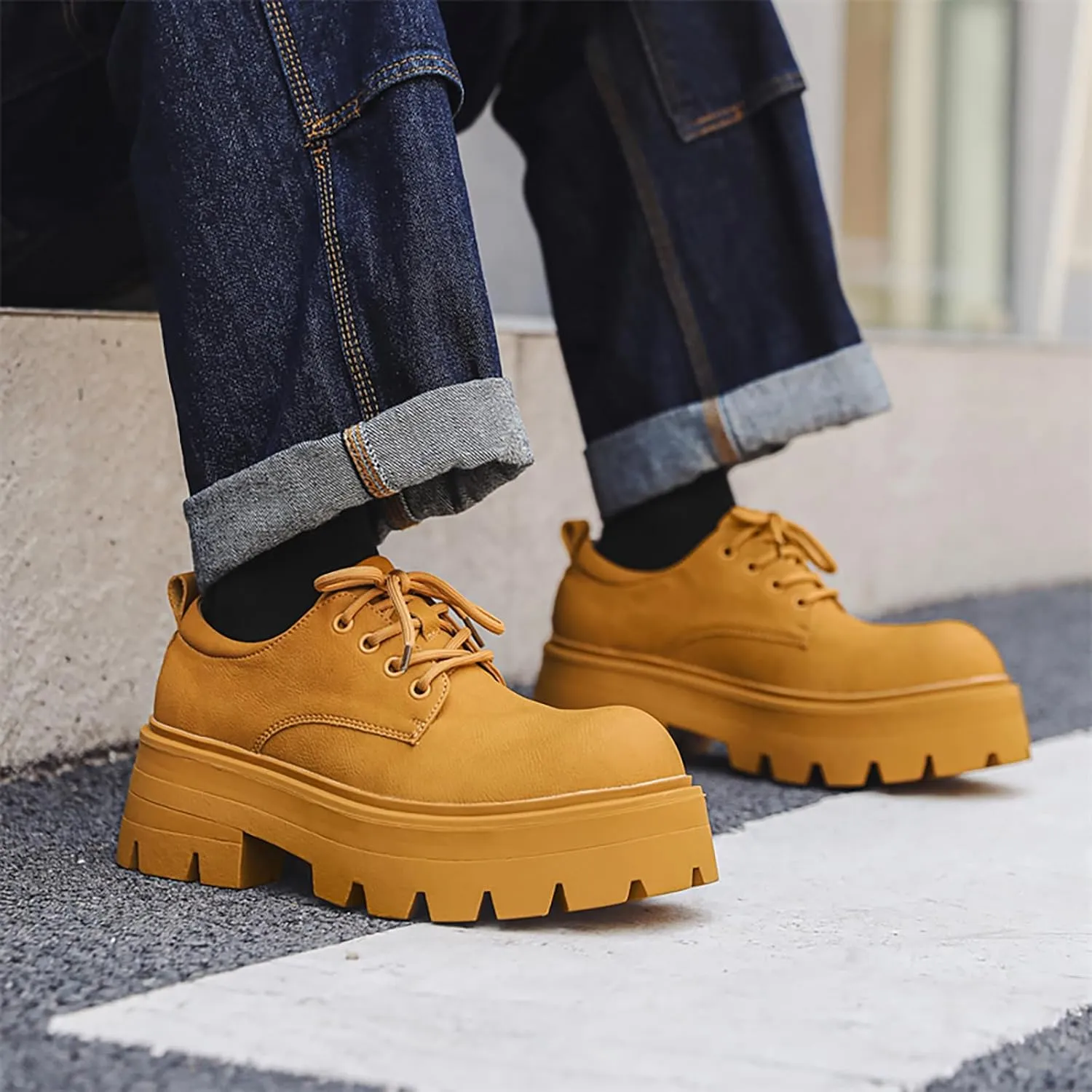 Men's Leather Platform Oxfords - Classic Round Toe Lace Up Dress Shoes -Comfort Non-Slip Lug Sole Chunky Heel Heightening Derby Shoes