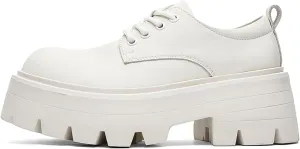 Men's Leather Platform Oxfords - Classic Round Toe Lace Up Dress Shoes -Comfort Non-Slip Lug Sole Chunky Heel Heightening Derby Shoes