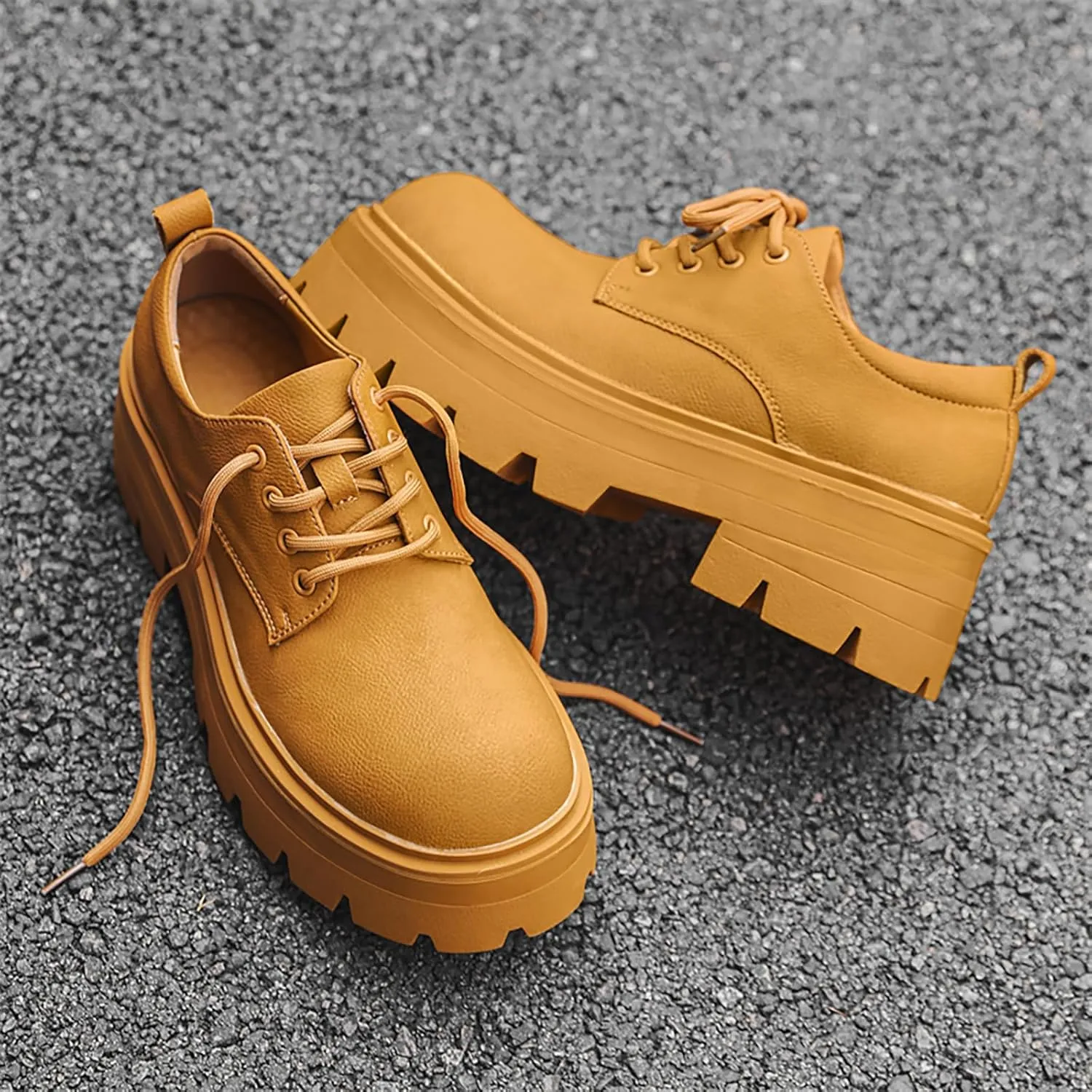 Men's Leather Platform Oxfords - Classic Round Toe Lace Up Dress Shoes -Comfort Non-Slip Lug Sole Chunky Heel Heightening Derby Shoes