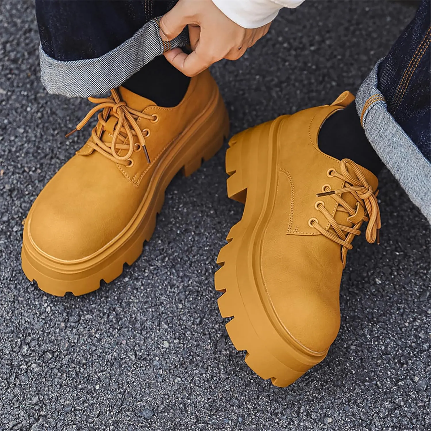 Men's Leather Platform Oxfords - Classic Round Toe Lace Up Dress Shoes -Comfort Non-Slip Lug Sole Chunky Heel Heightening Derby Shoes