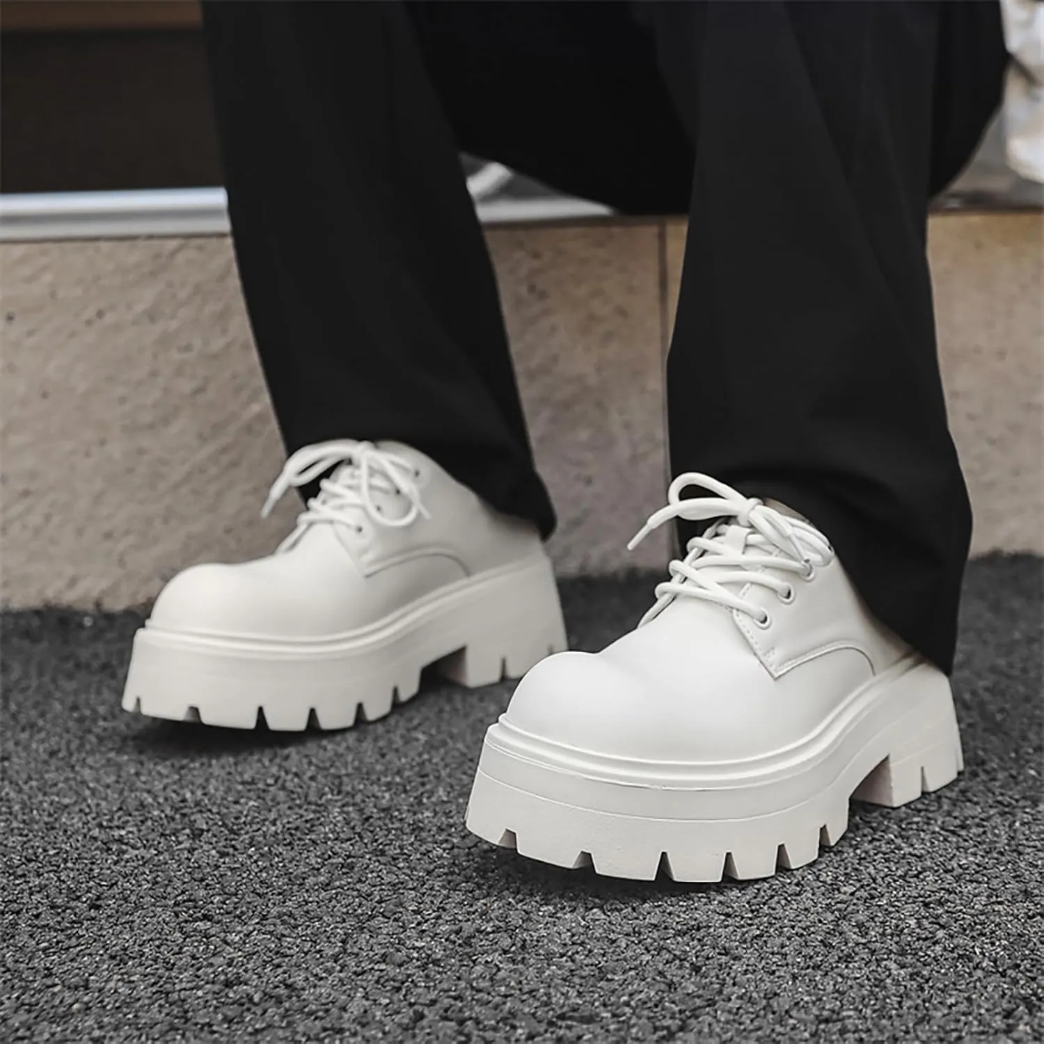 Men's Leather Platform Oxfords - Classic Round Toe Lace Up Dress Shoes -Comfort Non-Slip Lug Sole Chunky Heel Heightening Derby Shoes