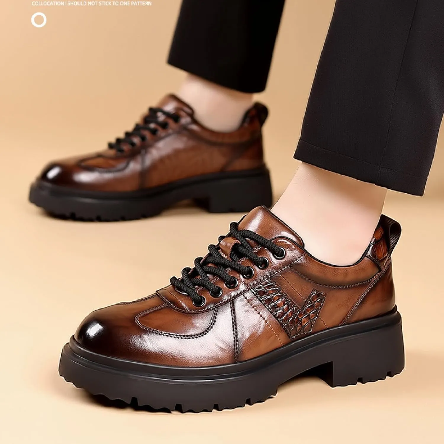 Men's Leather Platform Oxfords Comfort Handmade Round Toe Slip On Non-Slip Lug Sole Lace-Up Formal Derby Shoes Casual Business Work Office Wedding Tuxedo