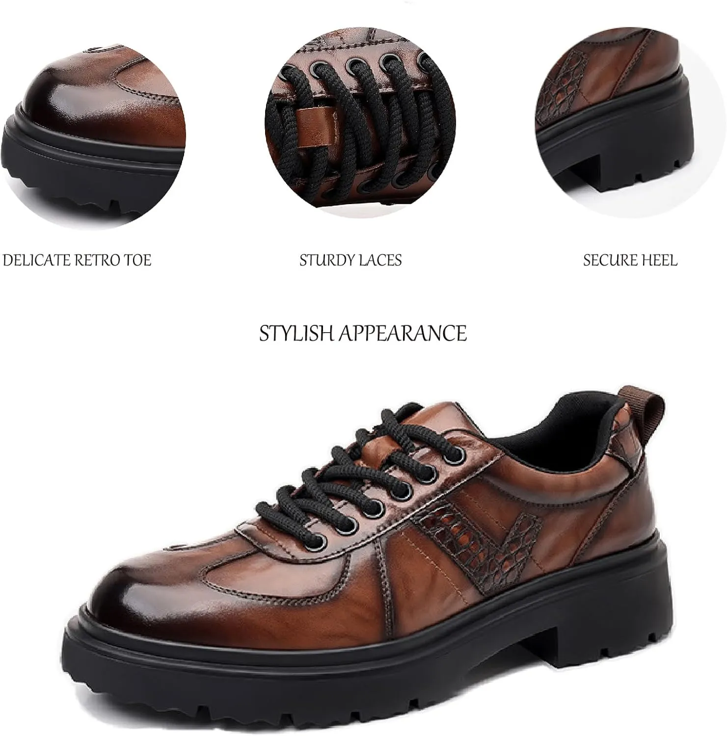 Men's Leather Platform Oxfords Comfort Handmade Round Toe Slip On Non-Slip Lug Sole Lace-Up Formal Derby Shoes Casual Business Work Office Wedding Tuxedo
