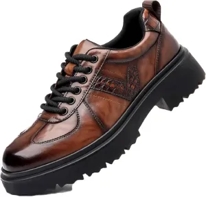 Men's Leather Platform Oxfords Comfort Handmade Round Toe Slip On Non-Slip Lug Sole Lace-Up Formal Derby Shoes Casual Business Work Office Wedding Tuxedo