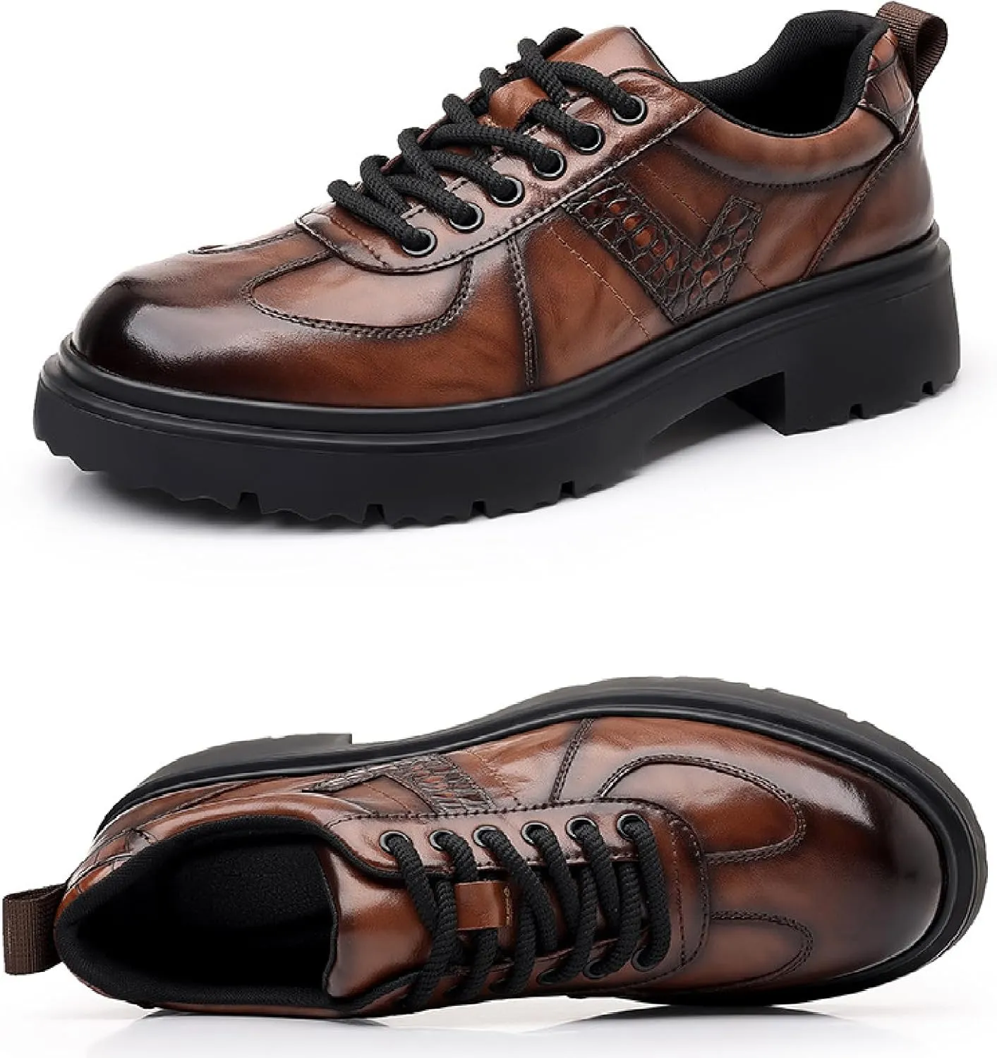 Men's Leather Platform Oxfords Comfort Handmade Round Toe Slip On Non-Slip Lug Sole Lace-Up Formal Derby Shoes Casual Business Work Office Wedding Tuxedo