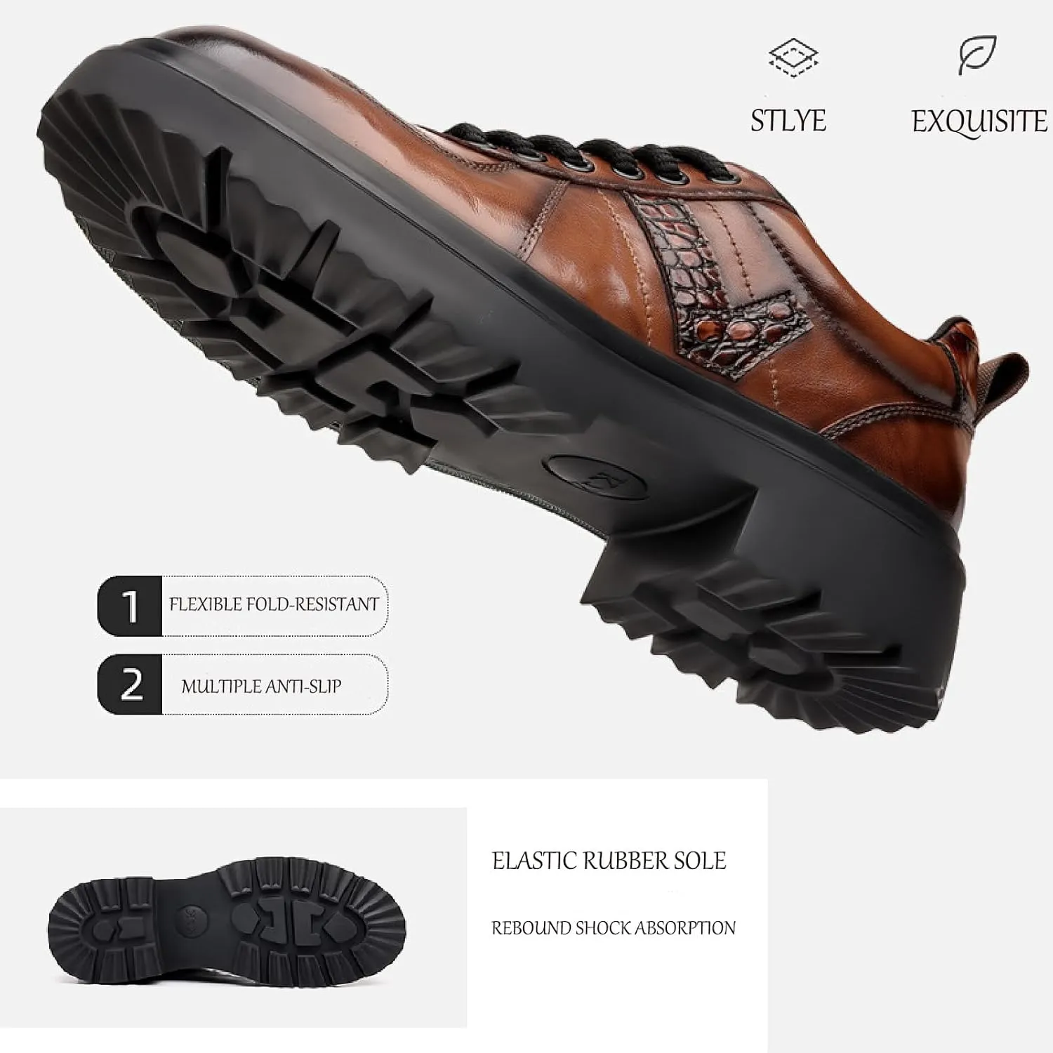 Men's Leather Platform Oxfords Comfort Handmade Round Toe Slip On Non-Slip Lug Sole Lace-Up Formal Derby Shoes Casual Business Work Office Wedding Tuxedo