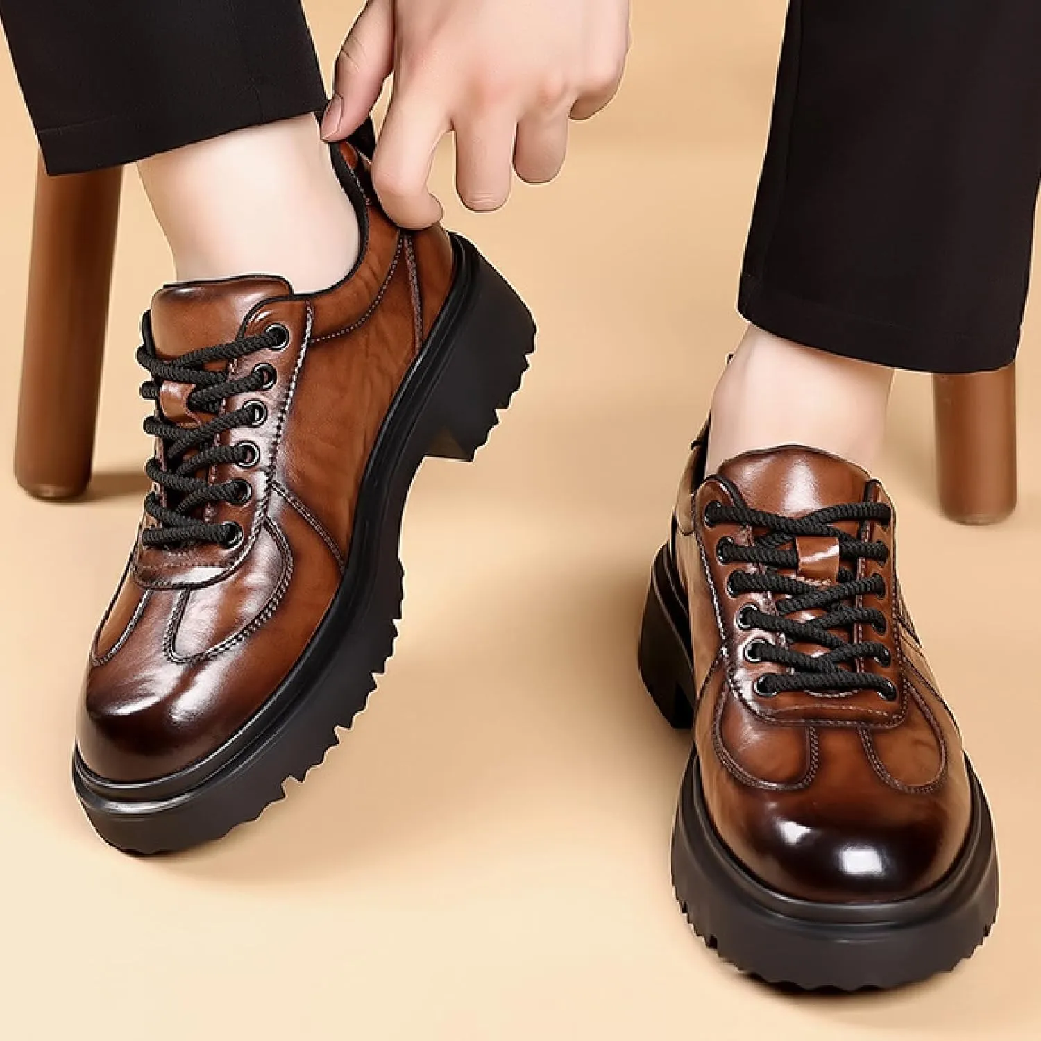Men's Leather Platform Oxfords Comfort Handmade Round Toe Slip On Non-Slip Lug Sole Lace-Up Formal Derby Shoes Casual Business Work Office Wedding Tuxedo