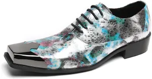 Men's Leather Shoes, Casual Graffiti Print Men's Square Toe Dress Lace-Up Shoes, Barber Host Nightclub Stage Wedding Party Banquet Prom Uniform Office Work Shoes
