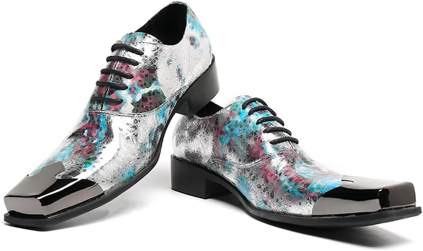 Men's Leather Shoes, Casual Graffiti Print Men's Square Toe Dress Lace-Up Shoes, Barber Host Nightclub Stage Wedding Party Banquet Prom Uniform Office Work Shoes