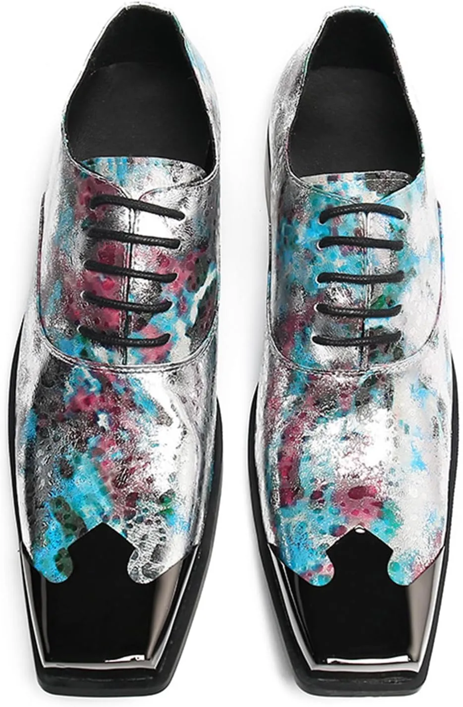 Men's Leather Shoes, Casual Graffiti Print Men's Square Toe Dress Lace-Up Shoes, Barber Host Nightclub Stage Wedding Party Banquet Prom Uniform Office Work Shoes