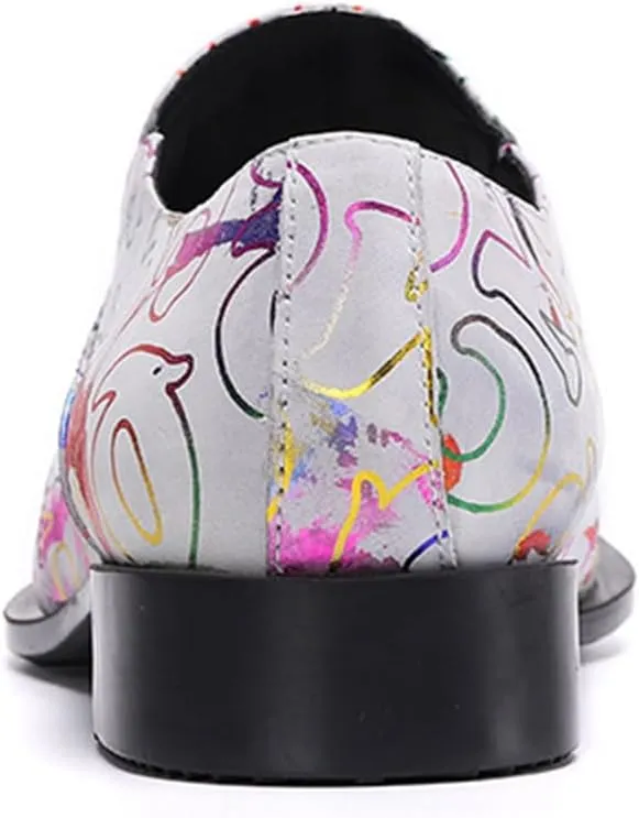 Men's Leather Shoes, Simple line Graffiti Metal tip Men's Dress Shoes, Wedding Party Banquet Nightclub Stage Host Barber Uniform Office Work Shoes