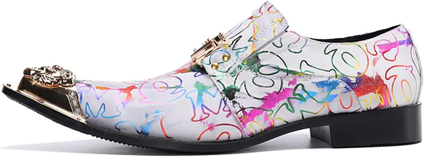 Men's Leather Shoes, Simple line Graffiti Metal tip Men's Dress Shoes, Wedding Party Banquet Nightclub Stage Host Barber Uniform Office Work Shoes