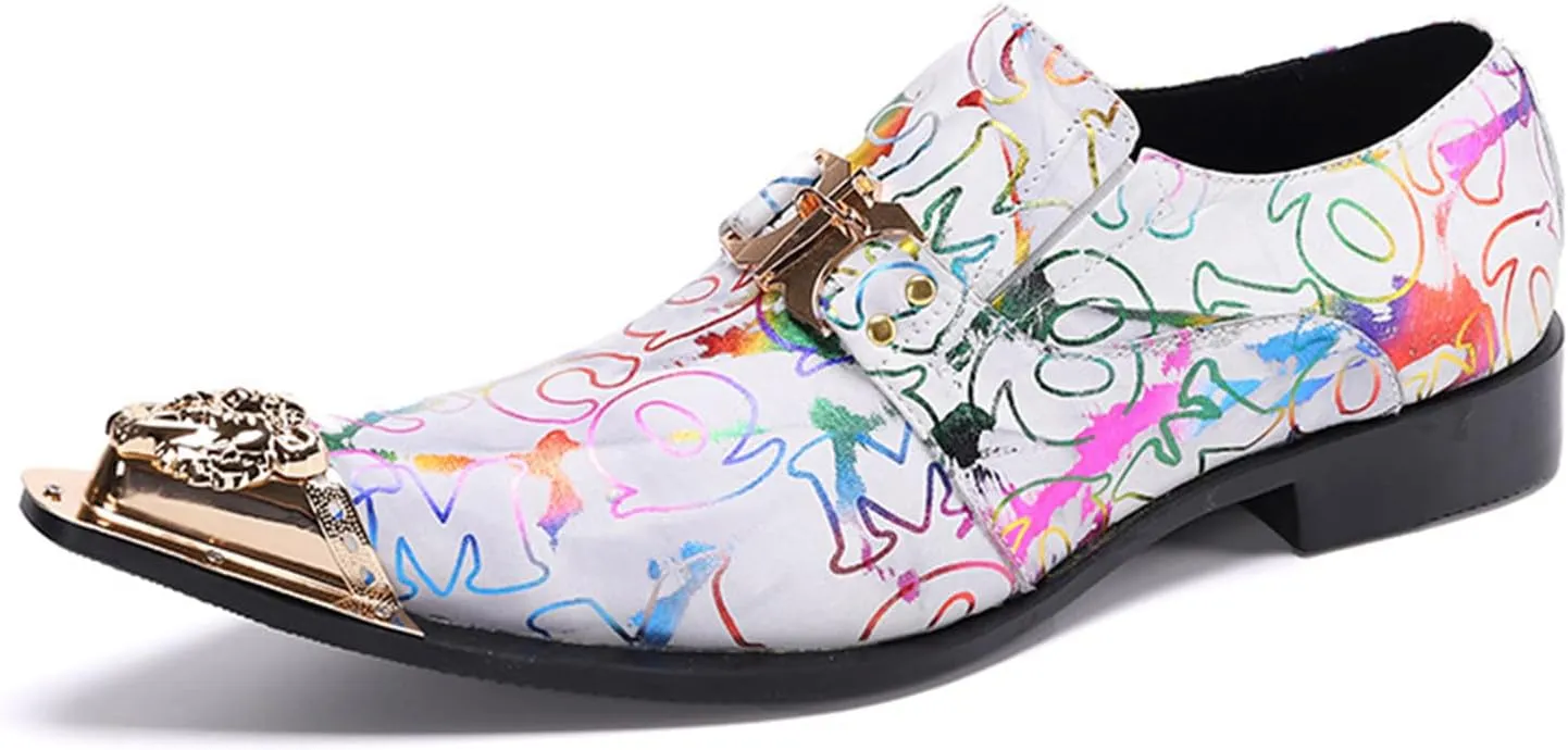 Men's Leather Shoes, Simple line Graffiti Metal tip Men's Dress Shoes, Wedding Party Banquet Nightclub Stage Host Barber Uniform Office Work Shoes