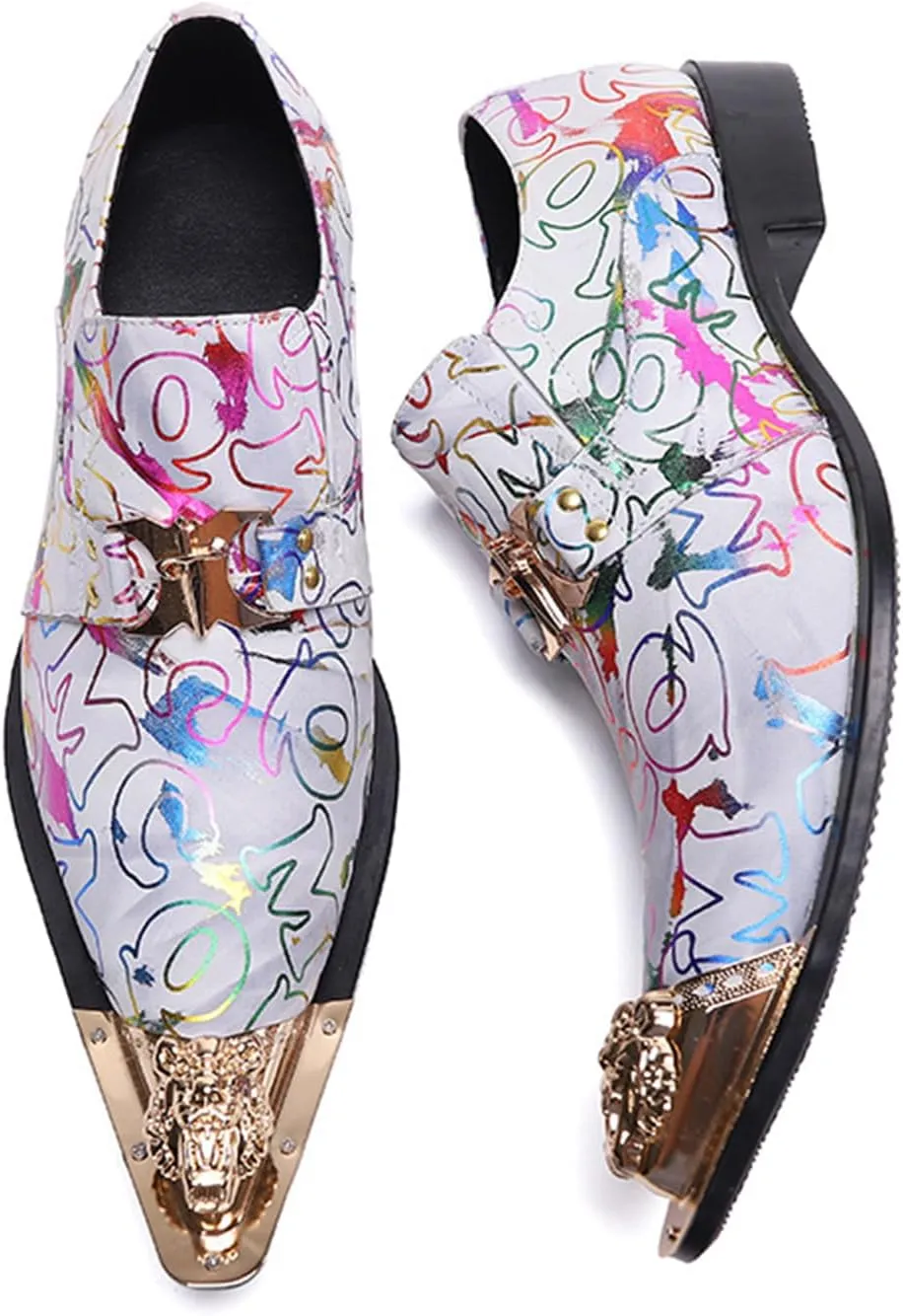 Men's Leather Shoes, Simple line Graffiti Metal tip Men's Dress Shoes, Wedding Party Banquet Nightclub Stage Host Barber Uniform Office Work Shoes