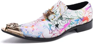 Men's Leather Shoes, Simple line Graffiti Metal tip Men's Dress Shoes, Wedding Party Banquet Nightclub Stage Host Barber Uniform Office Work Shoes