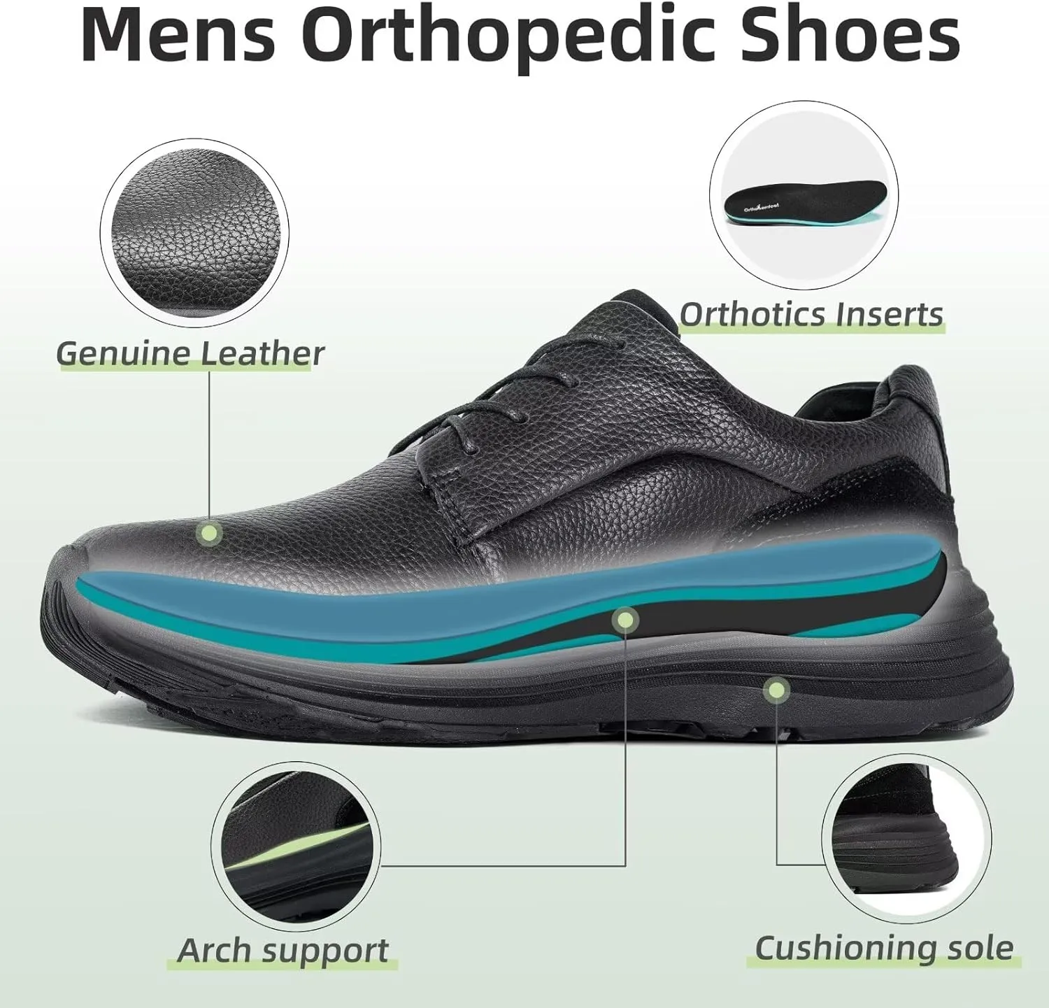 Men's Orthopedic Leather Dress Walking Shoes: Comfortable Plantar Fasciitis Business Oxford with Arch Support, Casual Cushion Flat Feet Orthotic Walking Shoes for Foot and Heel Pain Relief