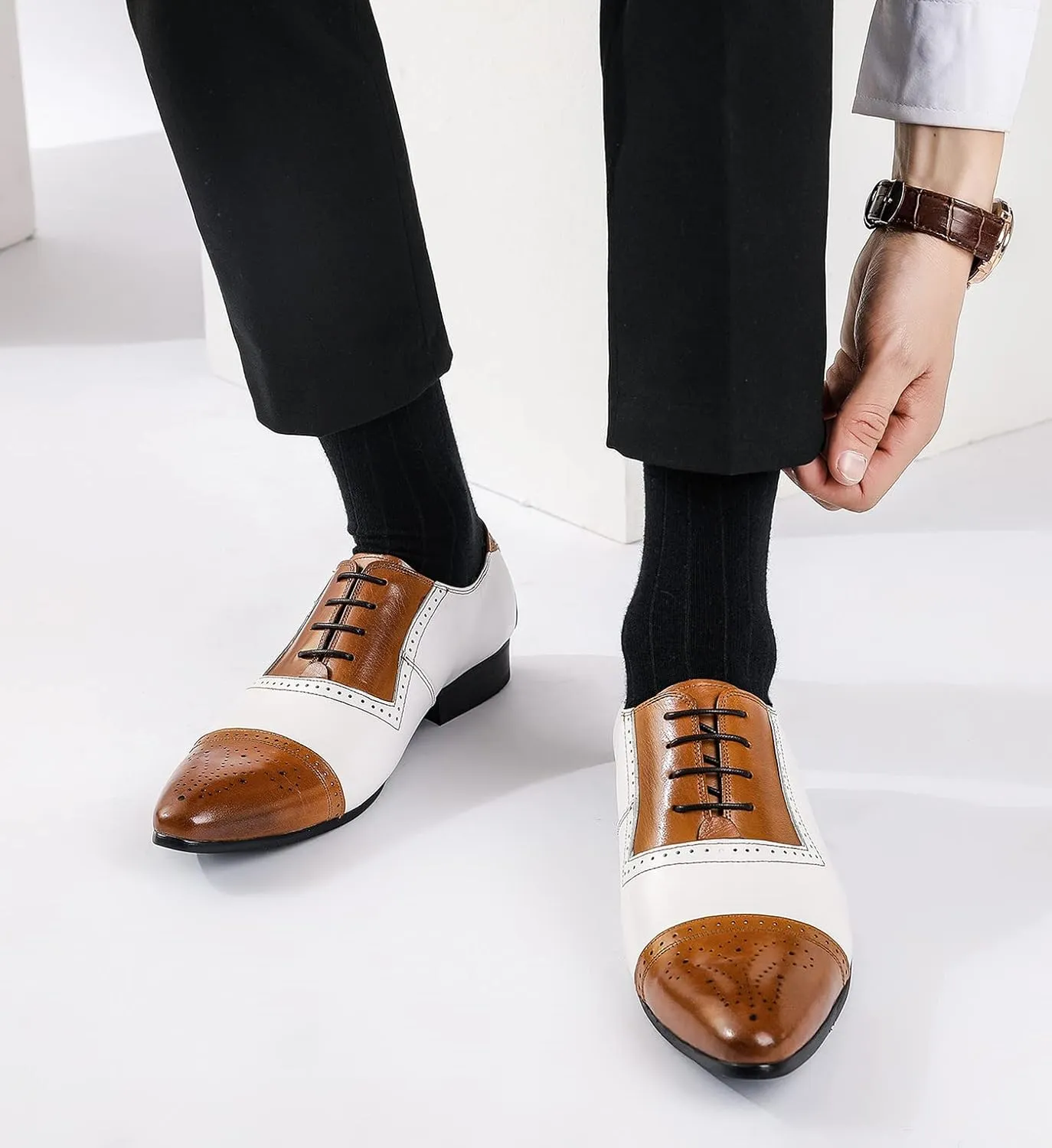 Men's Oxfords Formal Dress Genuine Leather Two Tone Wingtip Derby Comfortable Modern Fashion Casual Business Wedding Prom Shoes for Men