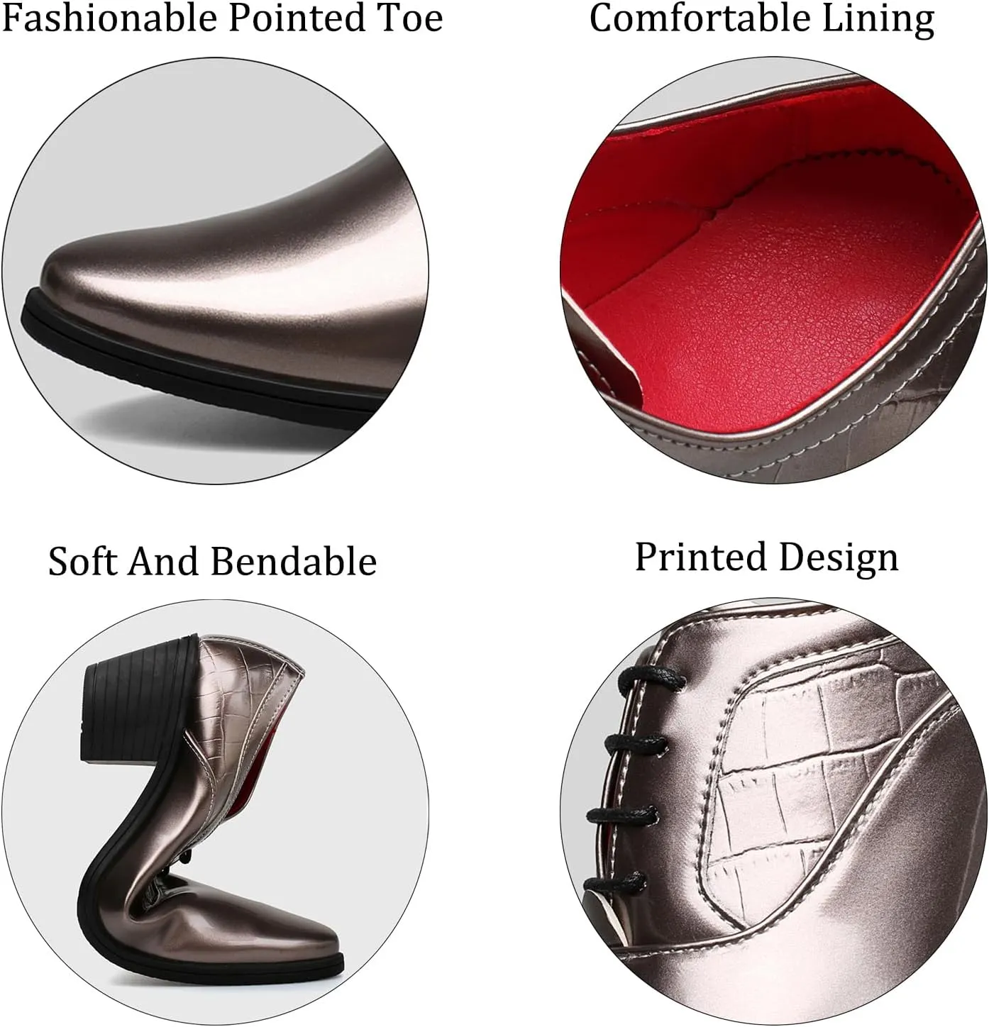Men's Patent Leather Chunky Heel Oxford Shoes Pointed Toe Lace-up Fashion High Heels Business Work Wedding Prom Dress Derby Shoes
