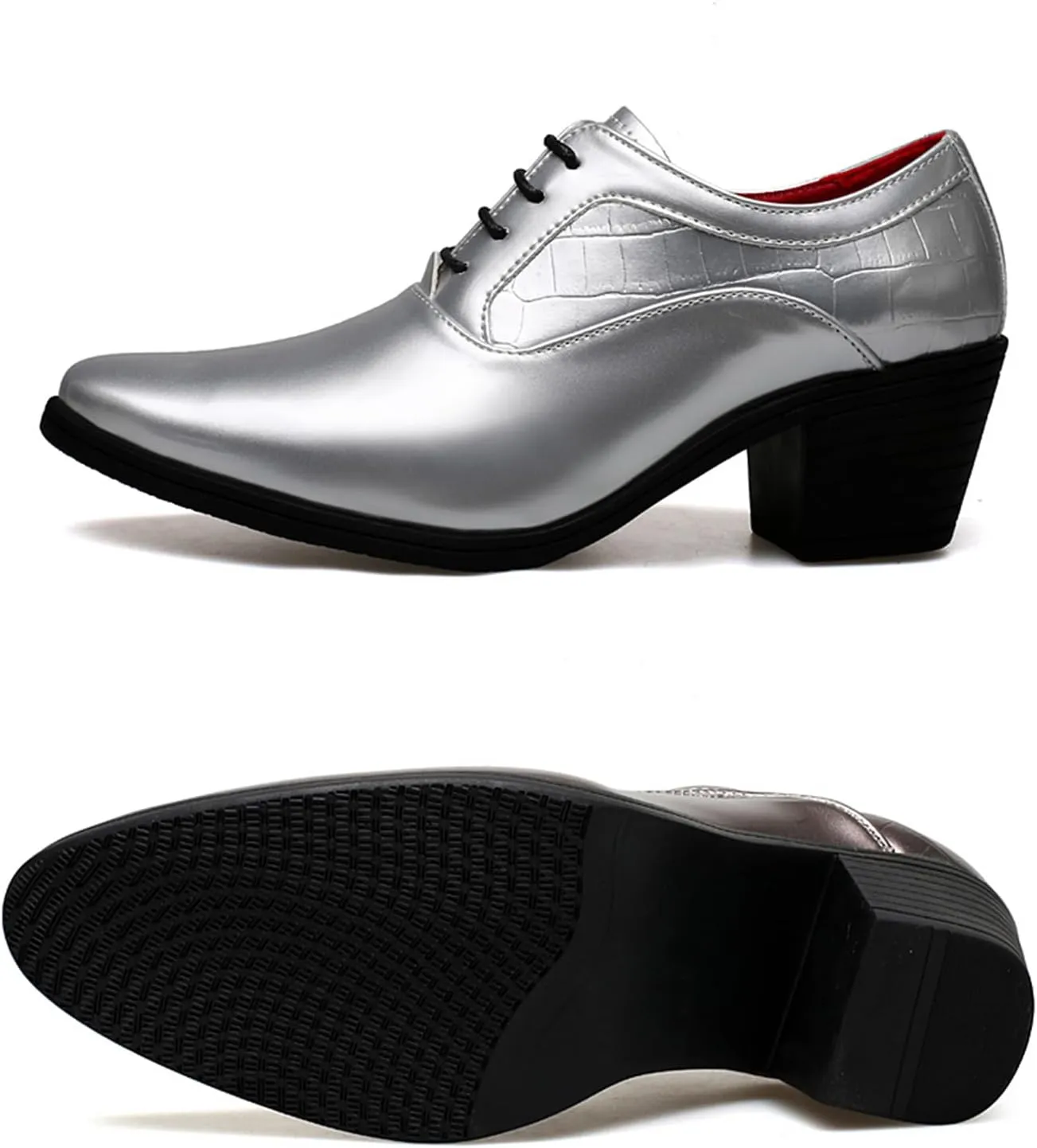 Men's Patent Leather Chunky Heel Oxford Shoes Pointed Toe Lace-up Fashion High Heels Business Work Wedding Prom Dress Derby Shoes