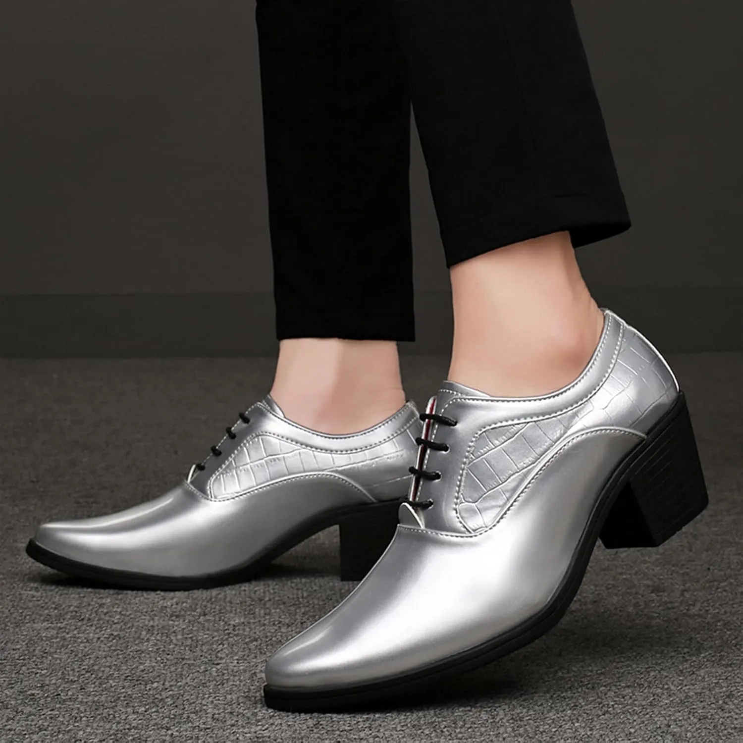 Men's Patent Leather Chunky Heel Oxford Shoes Pointed Toe Lace-up Fashion High Heels Business Work Wedding Prom Dress Derby Shoes