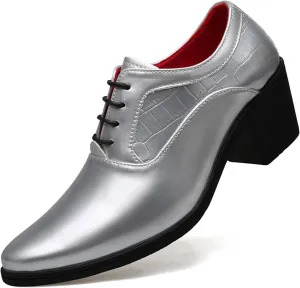 Men's Patent Leather Chunky Heel Oxford Shoes Pointed Toe Lace-up Fashion High Heels Business Work Wedding Prom Dress Derby Shoes