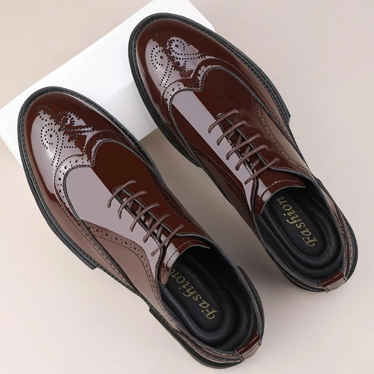 Men's Patent Leather Oxfords Wingtips Derby Shoes Men Classic Round Toe Lace Up Thick Sole Dress Breathable Handmade Formal Shoes for Business Work