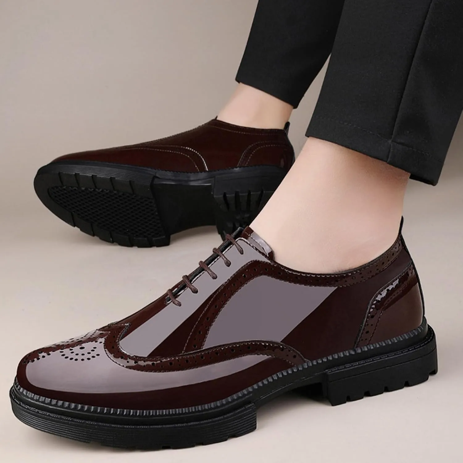 Men's Patent Leather Oxfords Wingtips Derby Shoes Men Classic Round Toe Lace Up Thick Sole Dress Breathable Handmade Formal Shoes for Business Work