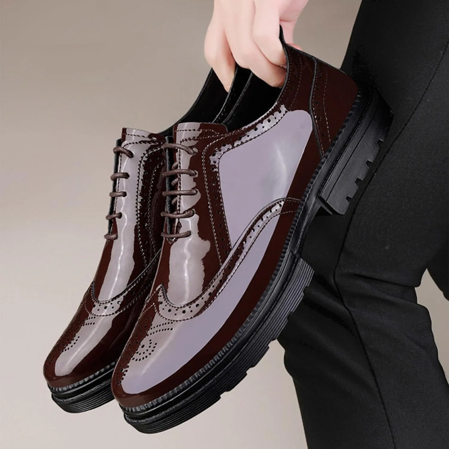 Men's Patent Leather Oxfords Wingtips Derby Shoes Men Classic Round Toe Lace Up Thick Sole Dress Breathable Handmade Formal Shoes for Business Work