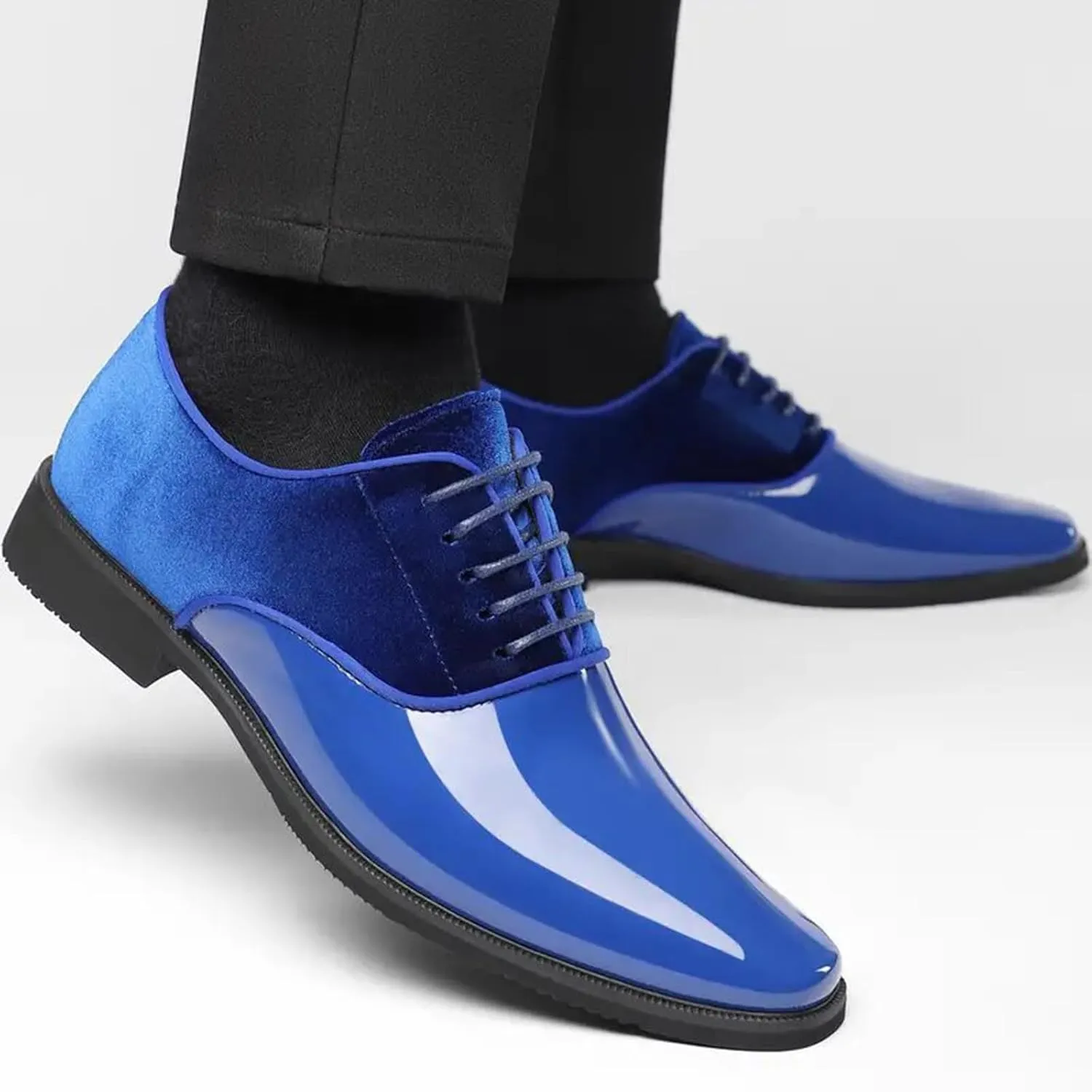 Men's Patent Leather Patchwork Velvet Oxford Shoes Classic Suede Pointed Toe Chunky Block Heel Lace Up Tuxedo Dress Shoes for Formal Wedding Business