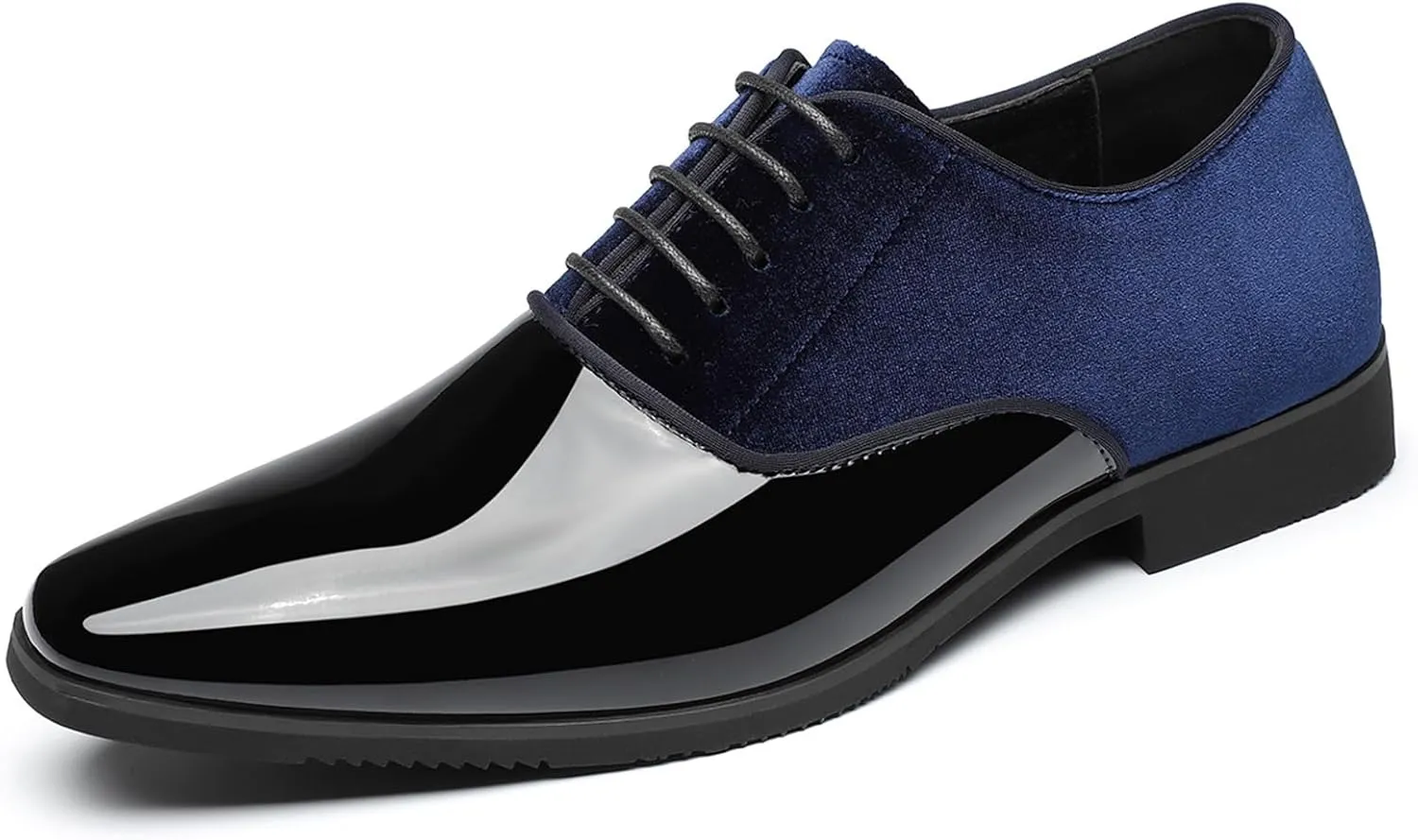 Men's Patent Leather Patchwork Velvet Oxford Shoes Classic Suede Pointed Toe Chunky Block Heel Lace Up Tuxedo Dress Shoes for Formal Wedding Business