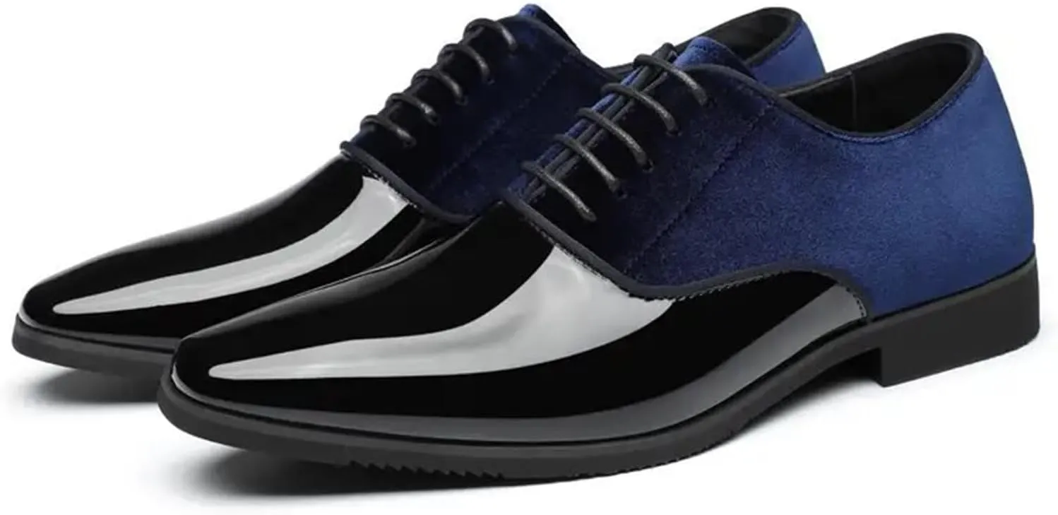Men's Patent Leather Patchwork Velvet Oxford Shoes Classic Suede Pointed Toe Chunky Block Heel Lace Up Tuxedo Dress Shoes for Formal Wedding Business