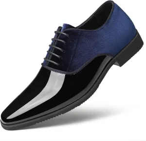 Men's Patent Leather Patchwork Velvet Oxford Shoes Classic Suede Pointed Toe Chunky Block Heel Lace Up Tuxedo Dress Shoes for Formal Wedding Business