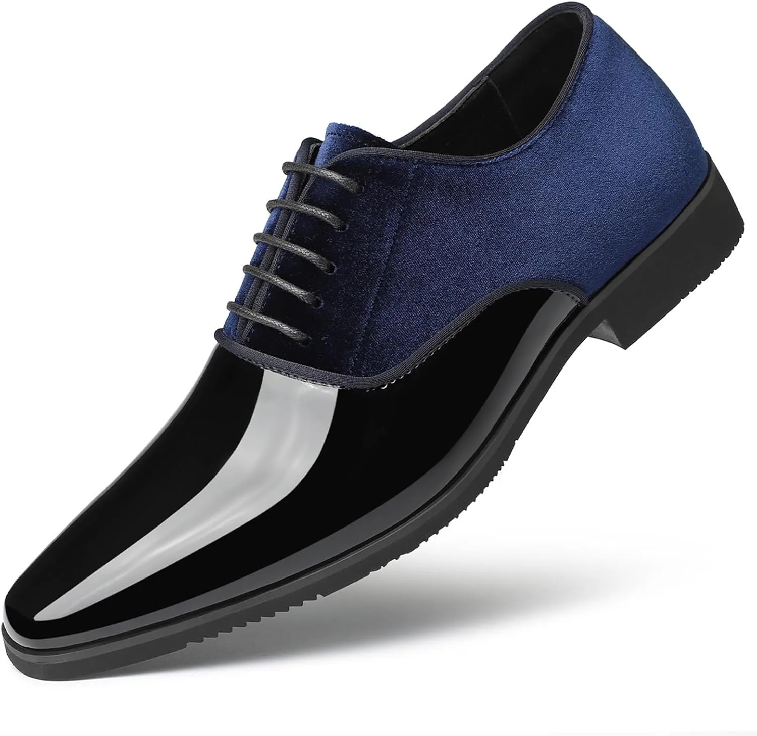 Men's Patent Leather Patchwork Velvet Oxford Shoes Classic Suede Pointed Toe Chunky Block Heel Lace Up Tuxedo Dress Shoes for Formal Wedding Business