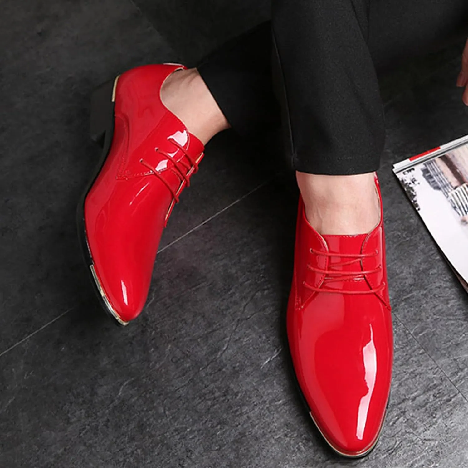 Men's Patent Leather Pointed Toe Derby Dress Shoes Classic Lace-Up Tuxedo Business Formal Oxford Shoes