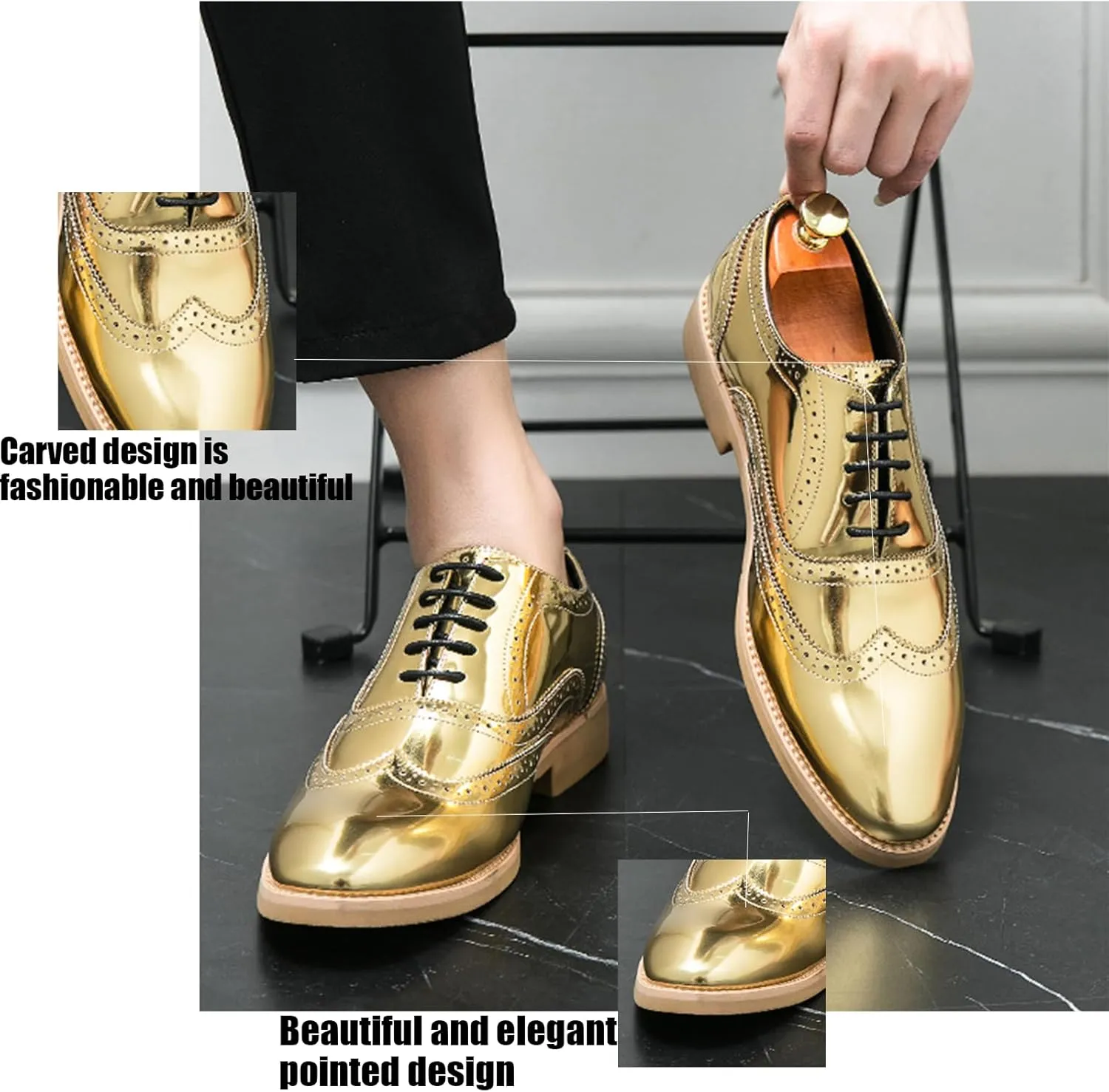 Men's Pointed Toe Wingtip Patent Leather Oxfords Formal Dress Shoes Fashion Retro Carved Brogue Lace Up Derby Business Shoes Soft Sole Breathable Comfory Wedding Tuxedo Shoes