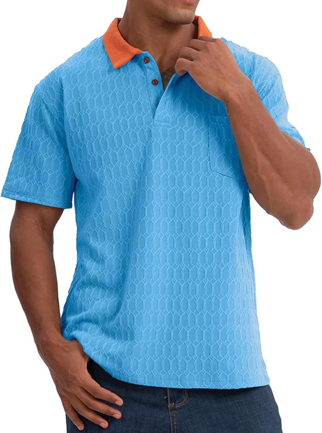 Mens Polo Shirts Trendy Texture Dry Fit Short Sleeve Sports Tactical T-Shirt Moisture Wicking Athletic Golf Shirt