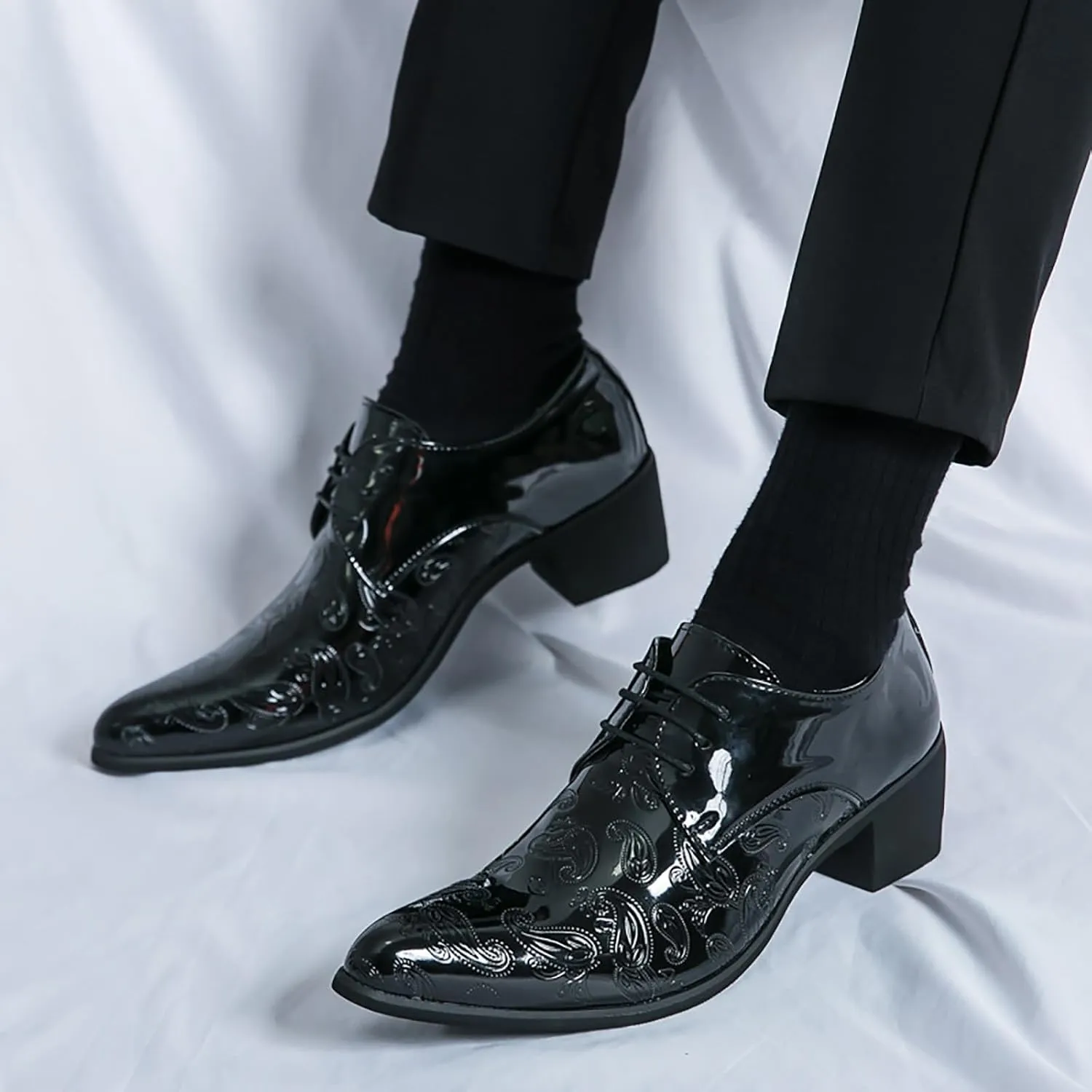 Men's Printing Pointed-Toe Patent Leather Derby Oxford Shoes,Classic Lace-up Low Top Block High Heel Fashion Slip on Prom Business Wedding Dress Shoes