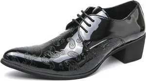 Men's Printing Pointed-Toe Patent Leather Derby Oxford Shoes,Classic Lace-up Low Top Block High Heel Fashion Slip on Prom Business Wedding Dress Shoes