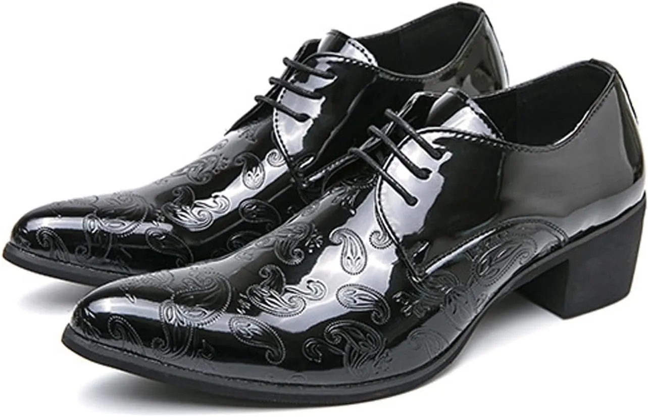 Men's Printing Pointed-Toe Patent Leather Derby Oxford Shoes,Classic Lace-up Low Top Block High Heel Fashion Slip on Prom Business Wedding Dress Shoes