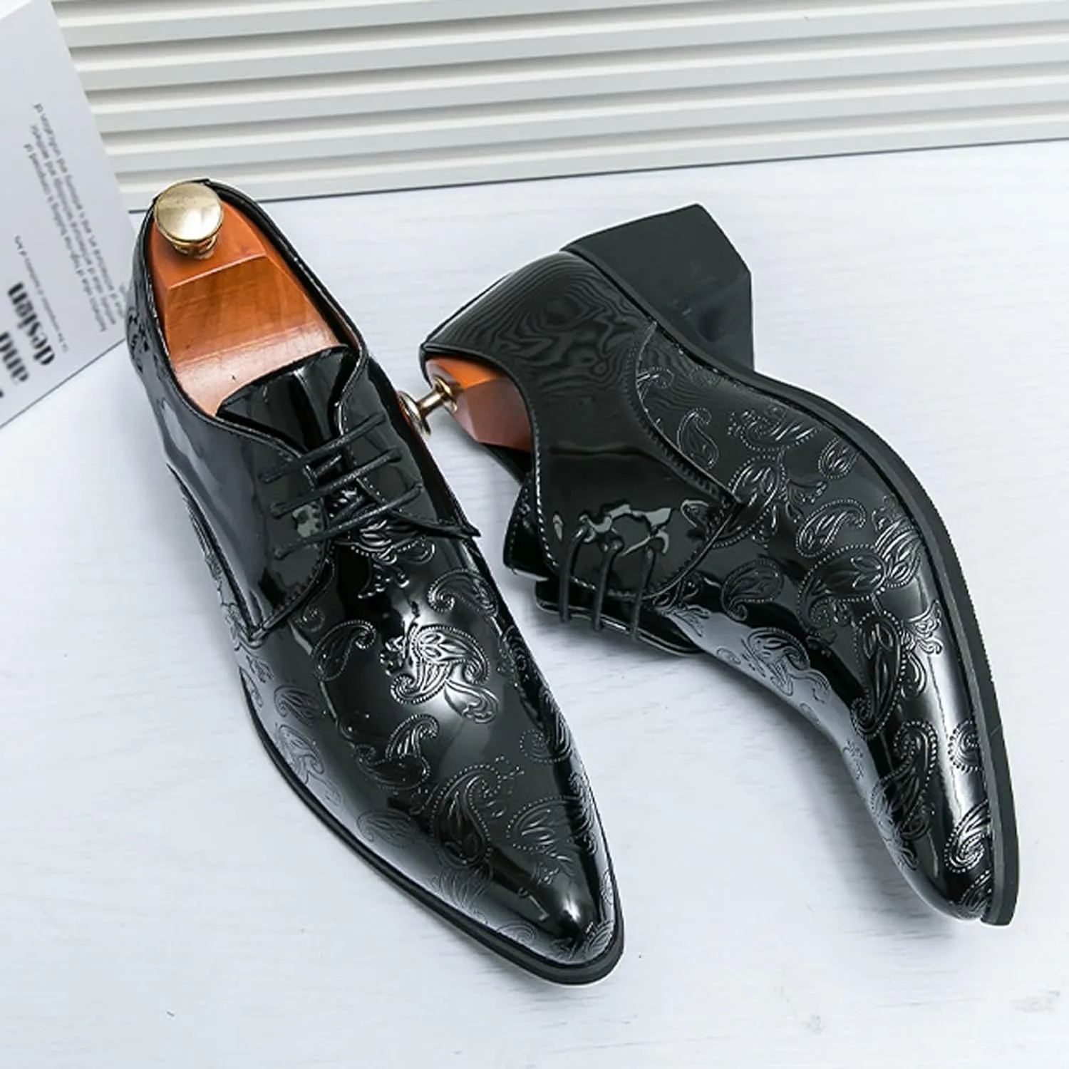 Men's Printing Pointed-Toe Patent Leather Derby Oxford Shoes,Classic Lace-up Low Top Block High Heel Fashion Slip on Prom Business Wedding Dress Shoes