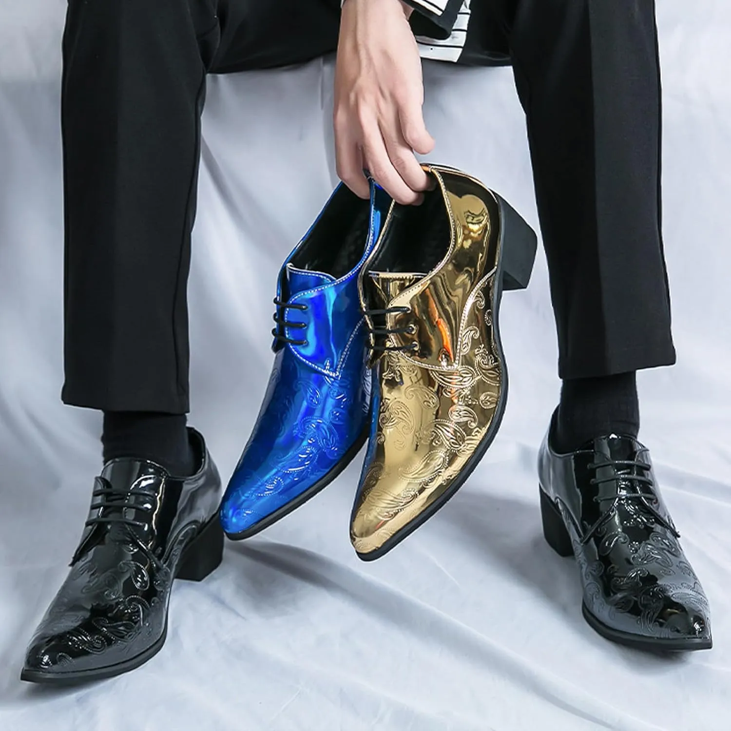 Men's Printing Pointed-Toe Patent Leather Derby Oxford Shoes,Classic Lace-up Low Top Block High Heel Fashion Slip on Prom Business Wedding Dress Shoes