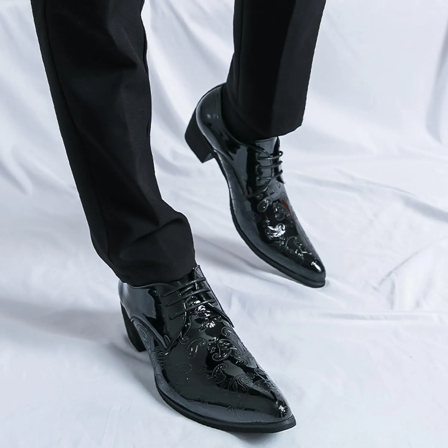 Men's Printing Pointed-Toe Patent Leather Derby Oxford Shoes,Classic Lace-up Low Top Block High Heel Fashion Slip on Prom Business Wedding Dress Shoes