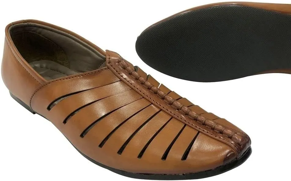 Mens Punjabi Jutti Style Tan Sherwani Shoes Loafers jalsa Jutti Men Groom Breathable Shoes