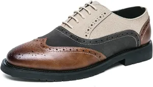 Mens Retro Brogue Multicolor Leather Dress Oxfords Shoes Casual Low Top Non-Slip Pointed Toe Derby Shoes for Formal Business Wedding