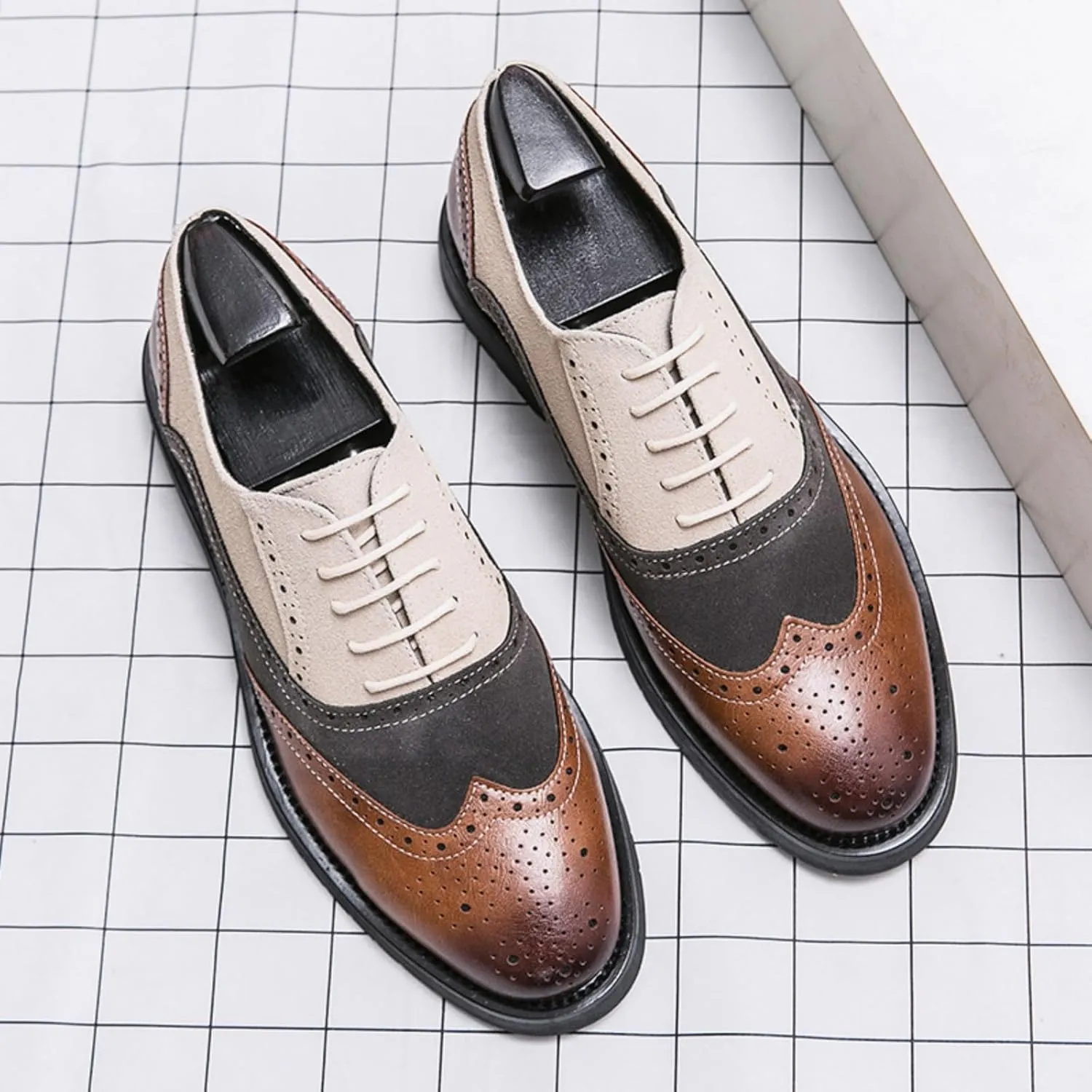 Mens Retro Brogue Multicolor Leather Dress Oxfords Shoes Casual Low Top Non-Slip Pointed Toe Derby Shoes for Formal Business Wedding