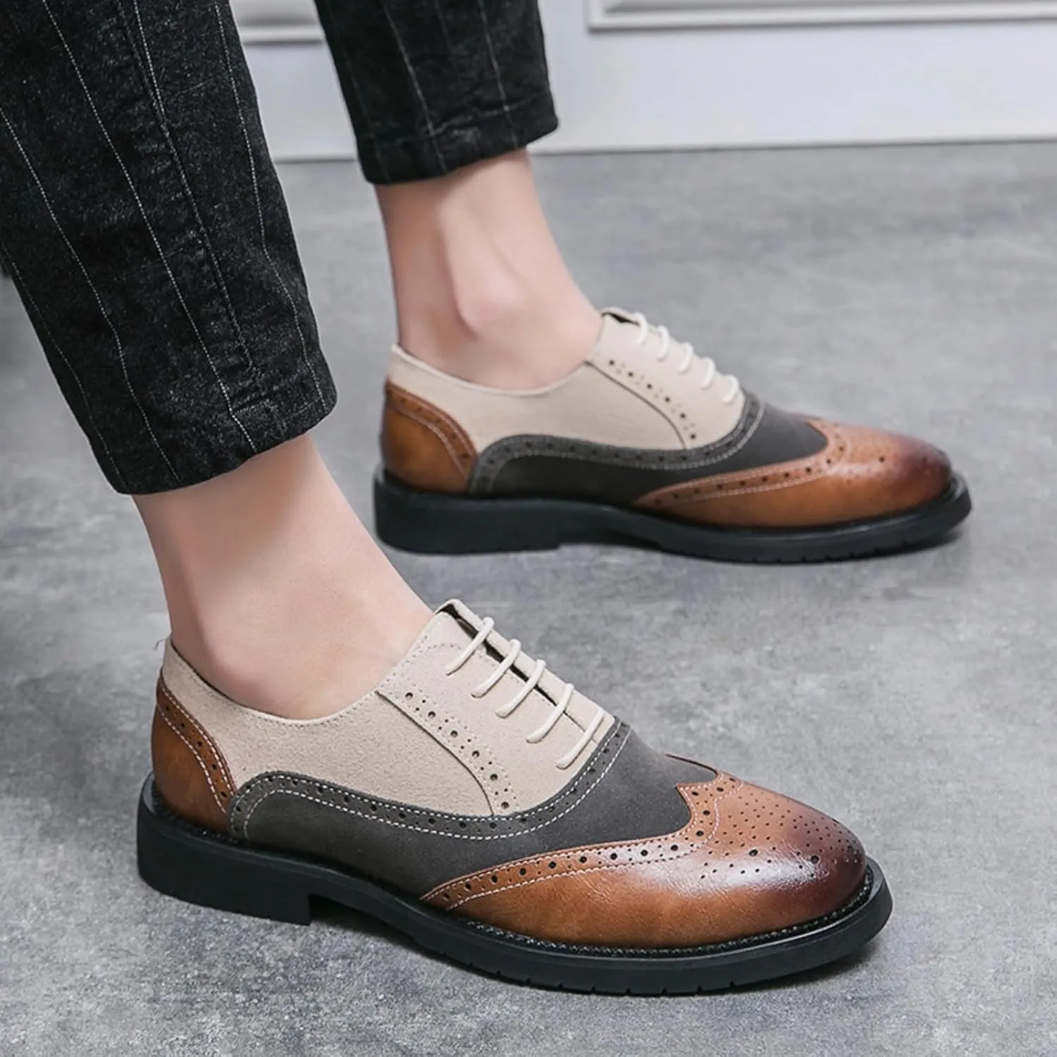 Mens Retro Brogue Multicolor Leather Dress Oxfords Shoes Casual Low Top Non-Slip Pointed Toe Derby Shoes for Formal Business Wedding